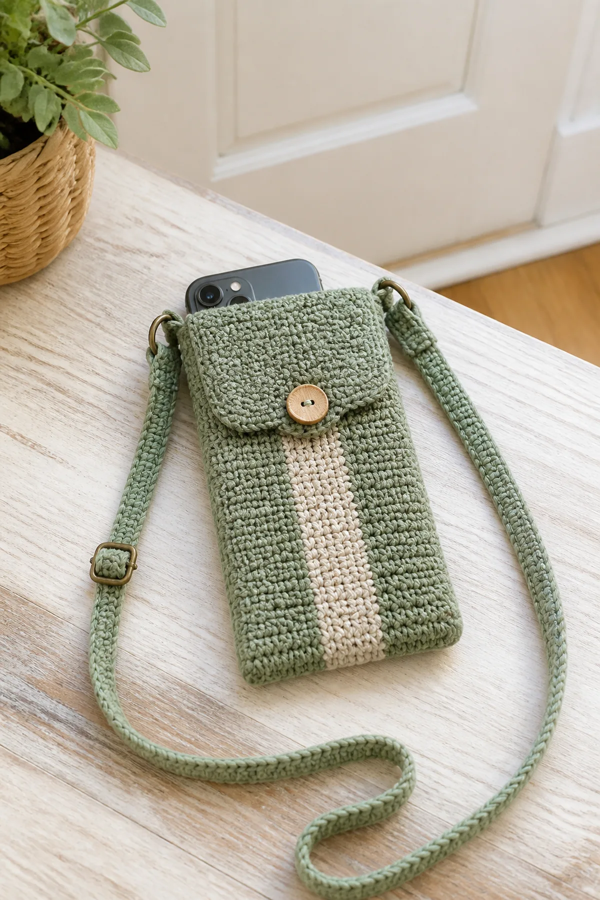 Finished easy crochet crossbody phone bag displayed with a clean handmade finish