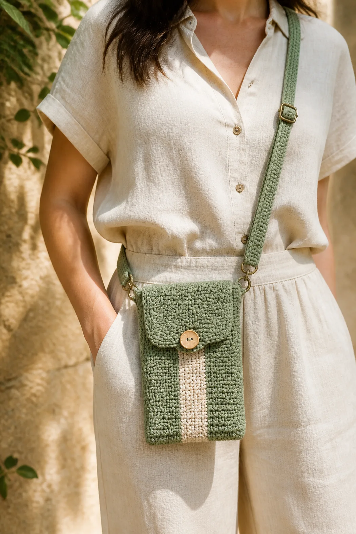 Finished easy crochet crossbody phone bag styled in a bright natural setting