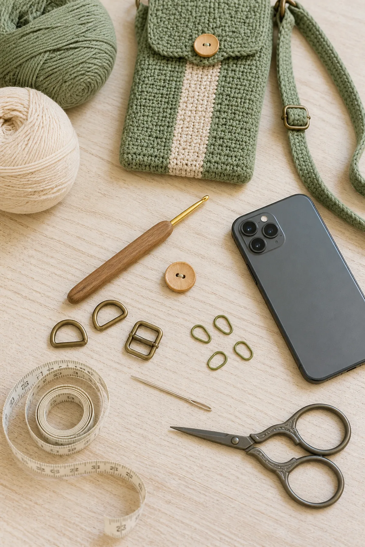 Yarn, crochet hook, stitch markers, yarn needle, tape measure, and scissors for easy crochet crossbody phone bag