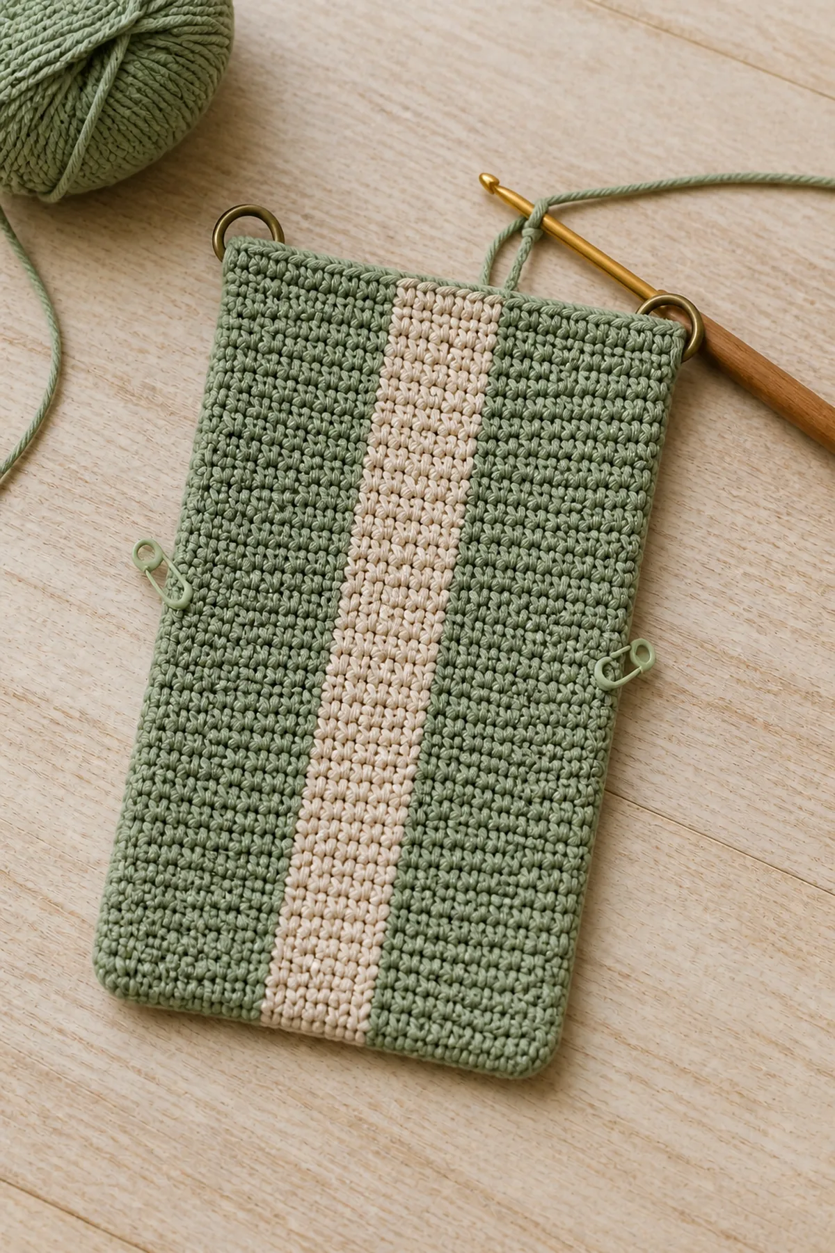 Early crochet construction stage for easy crochet crossbody phone bag with working yarn and hook
