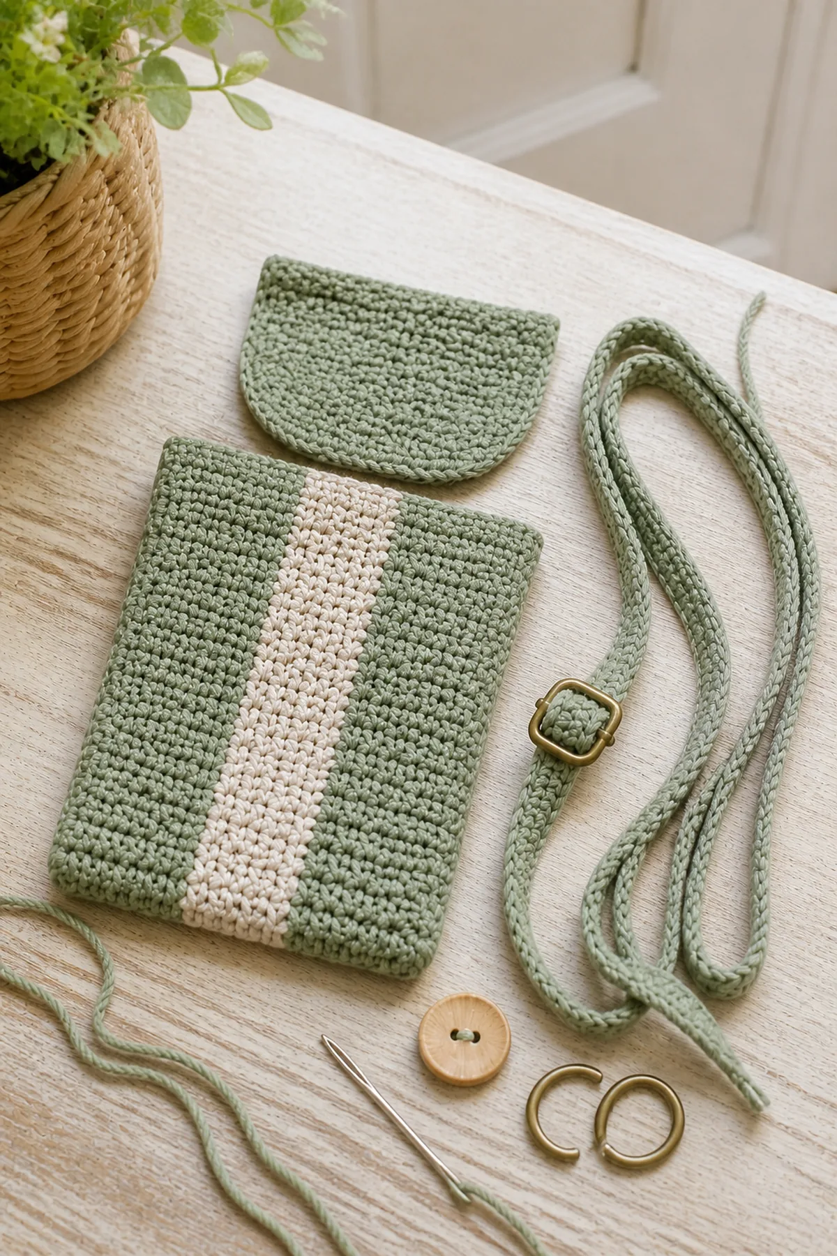 Mid-process crochet construction and shaping for easy crochet crossbody phone bag