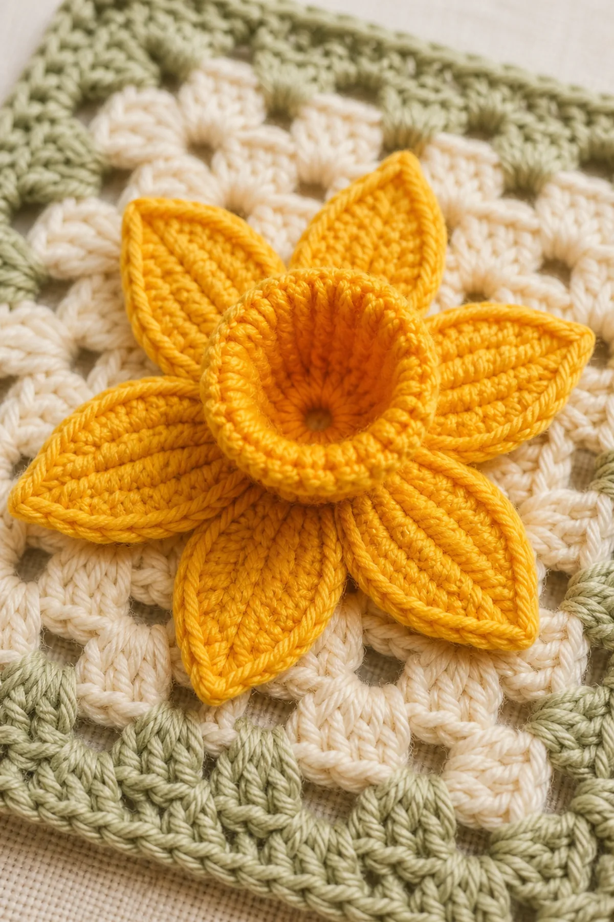 Close-up of the stitch texture and finishing details on easy crochet daffodil granny square
