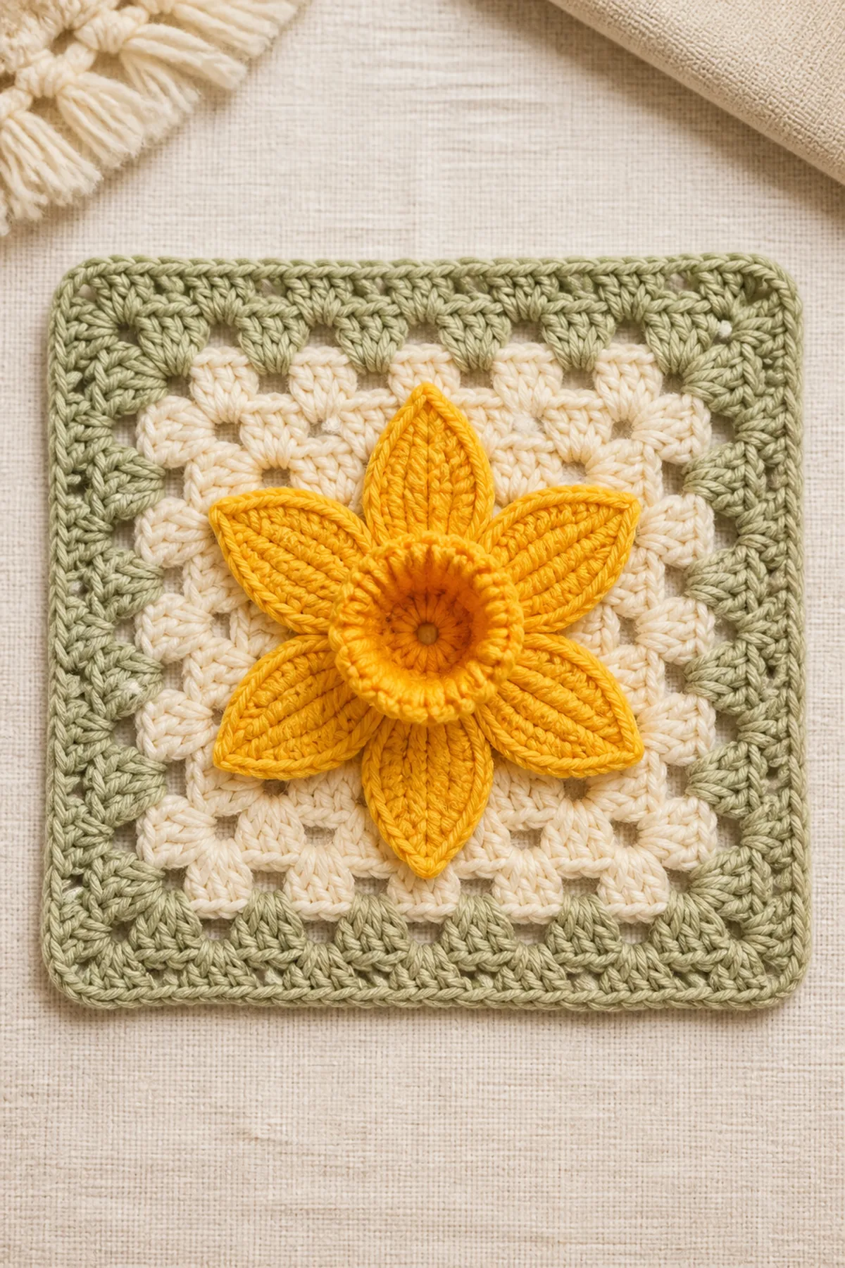 Finished easy crochet daffodil granny square displayed with a clean handmade finish