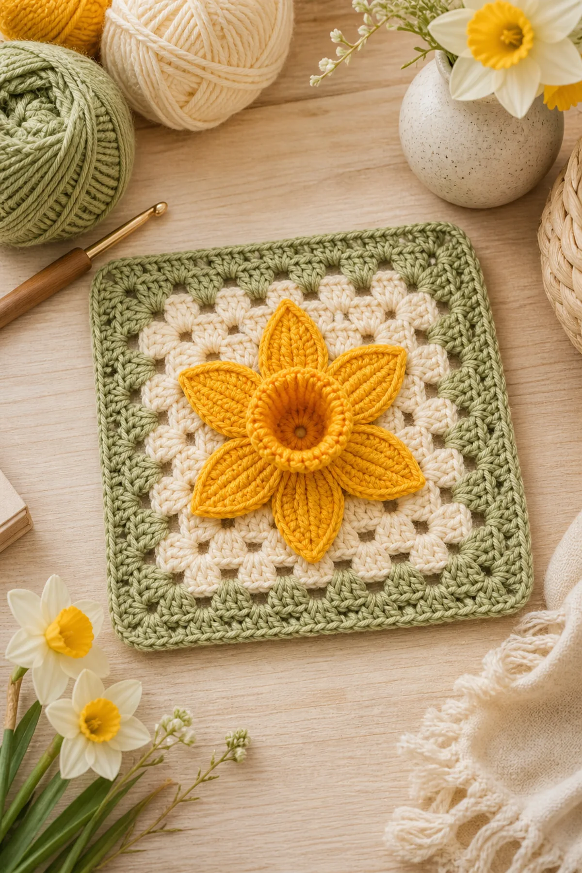 Finished easy crochet daffodil granny square styled in a bright natural setting