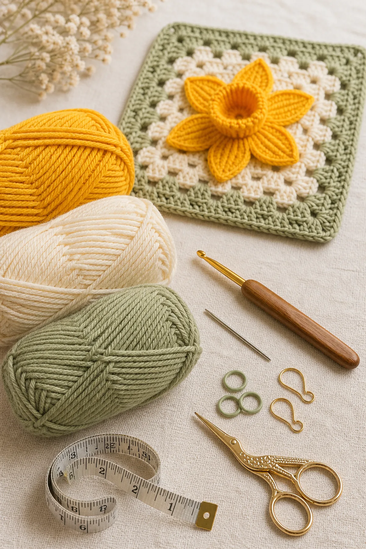 Yarn, crochet hook, stitch markers, yarn needle, tape measure, and scissors for easy crochet daffodil granny square