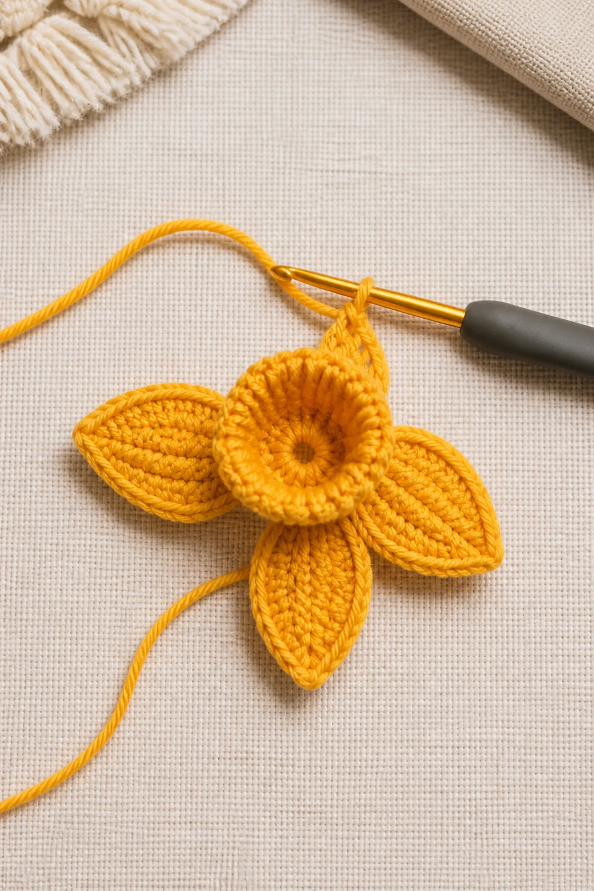 Early crochet construction stage for easy crochet daffodil granny square with working yarn and hook