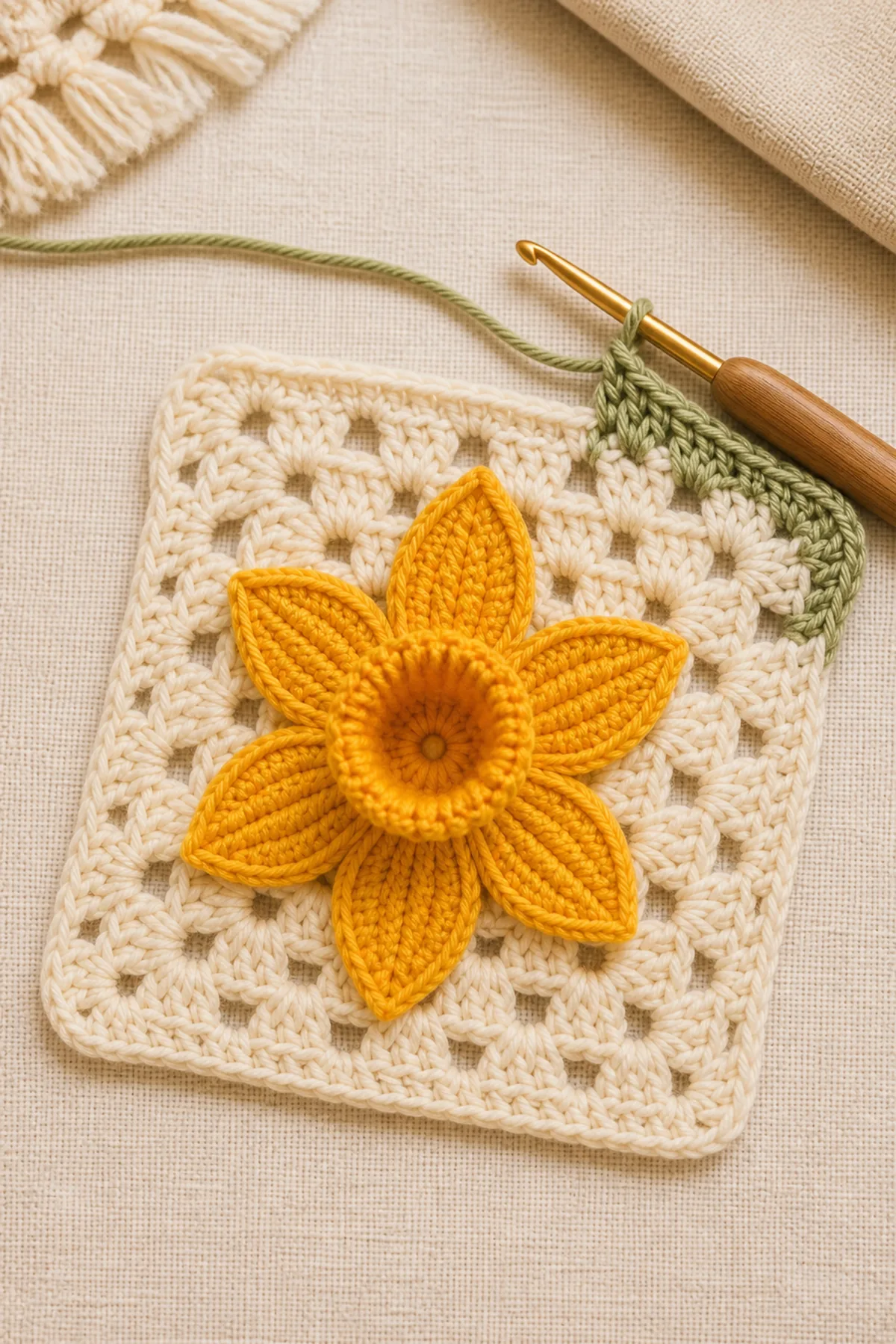 Mid-process crochet construction and shaping for easy crochet daffodil granny square