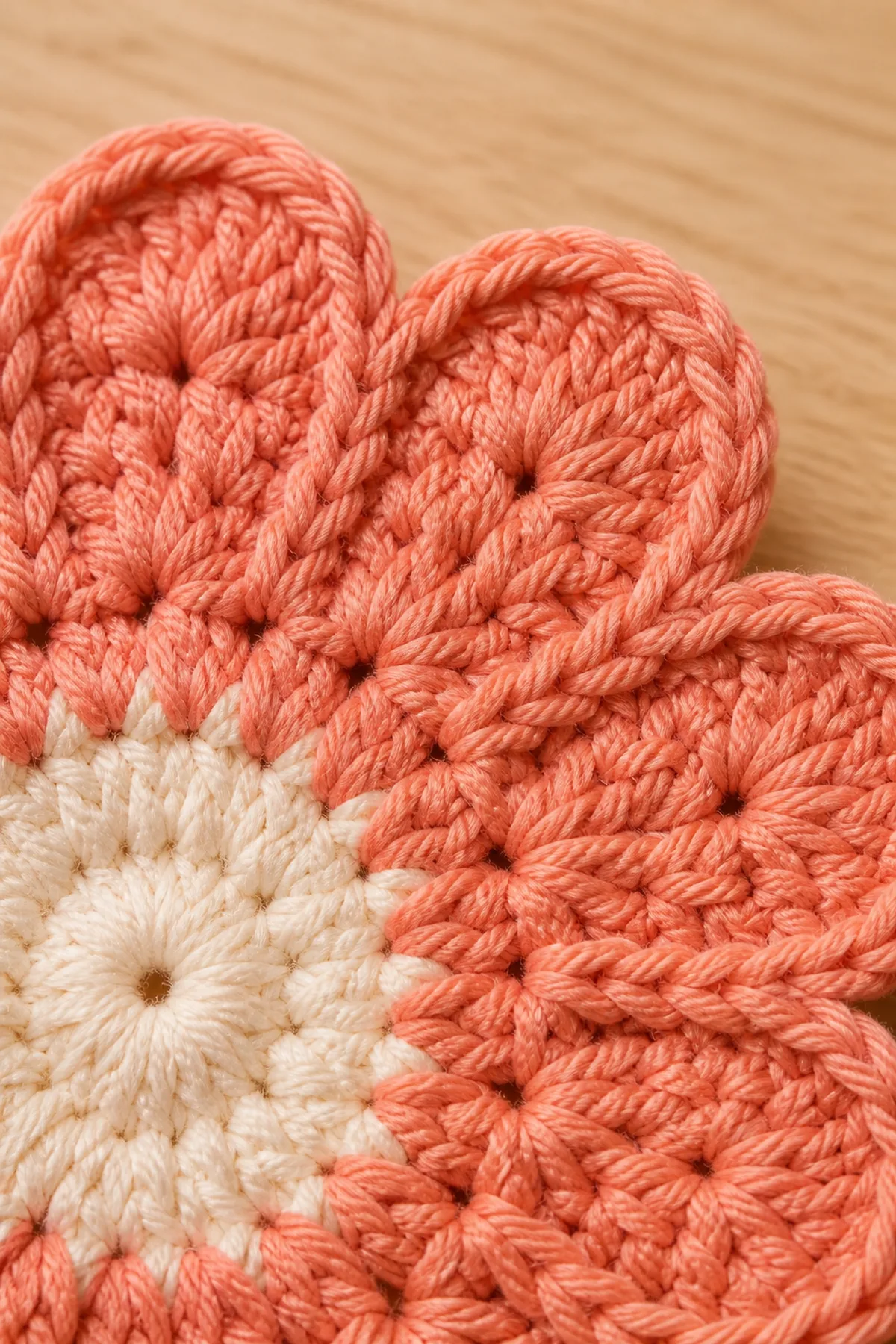 Close-up of rounded crochet petals and neat slip stitch valleys