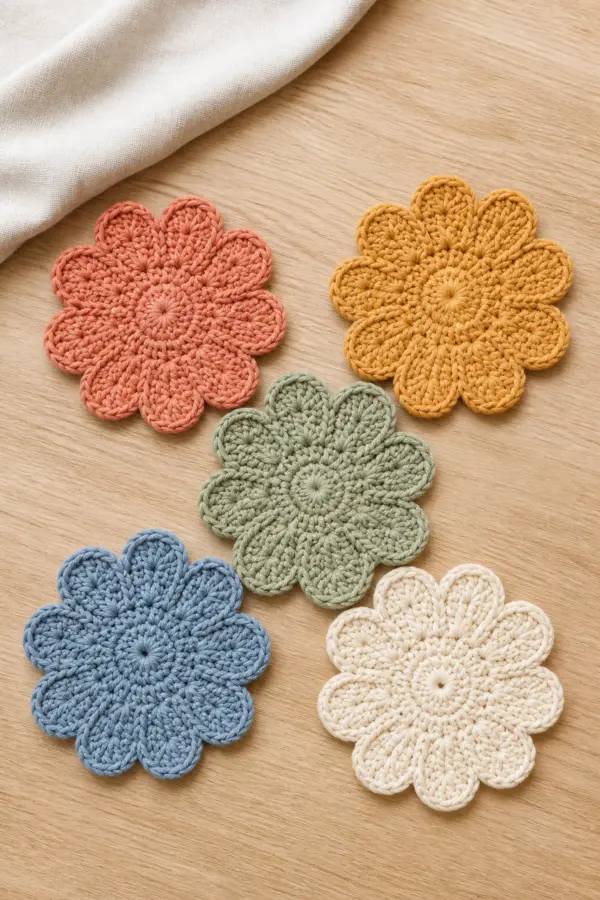 Set of colorful easy crochet flower coasters arranged on a light wooden table