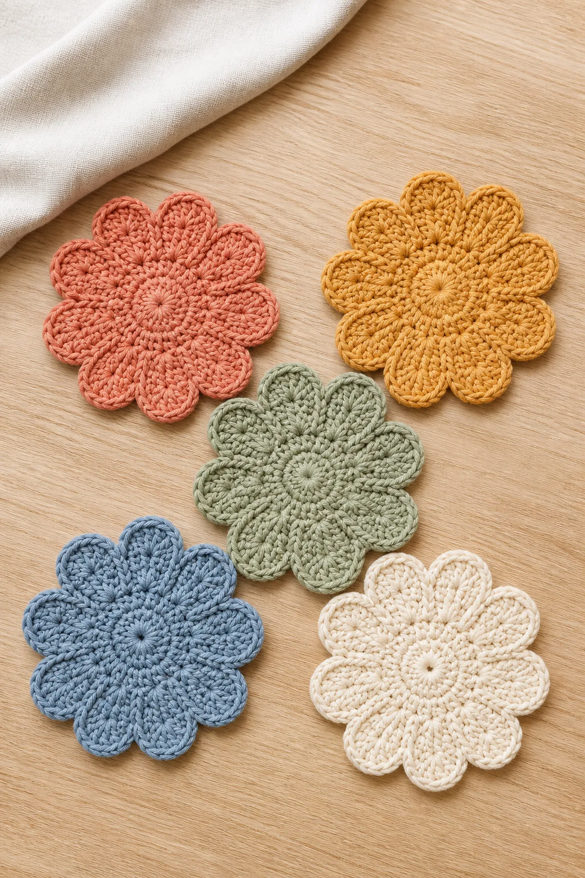 Set of colorful easy crochet flower coasters arranged on a light wooden table