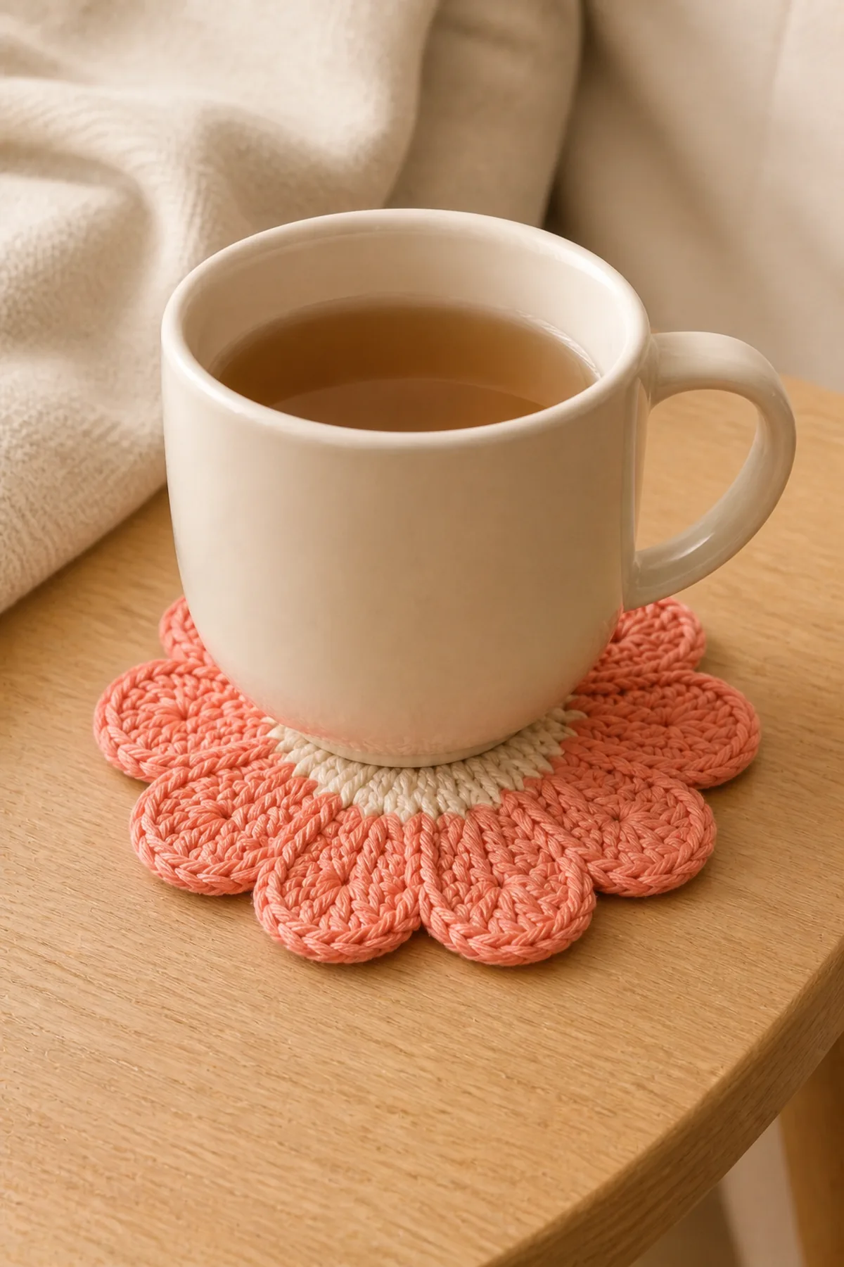 Finished crochet flower coaster holding a ceramic mug on a cozy table