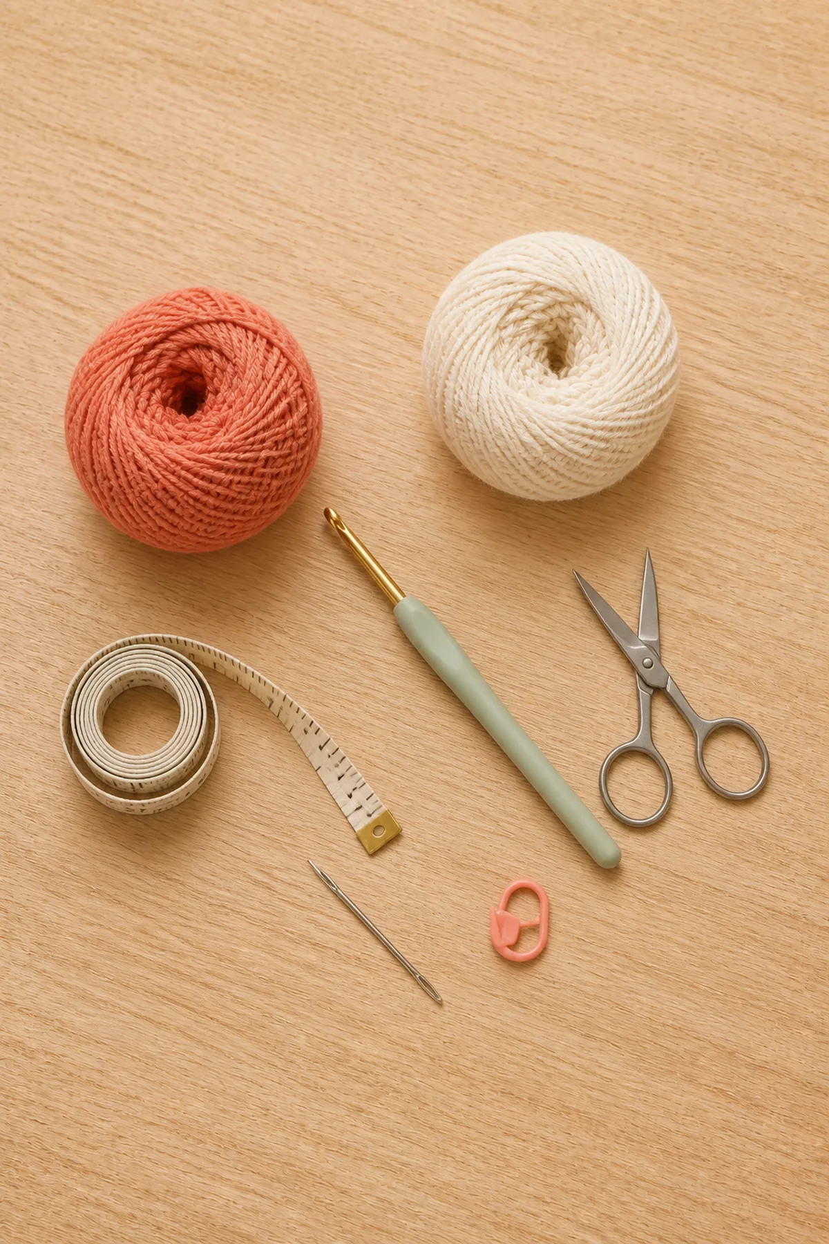 Cotton yarn, crochet hook, scissors, yarn needle, and stitch marker for flower coasters