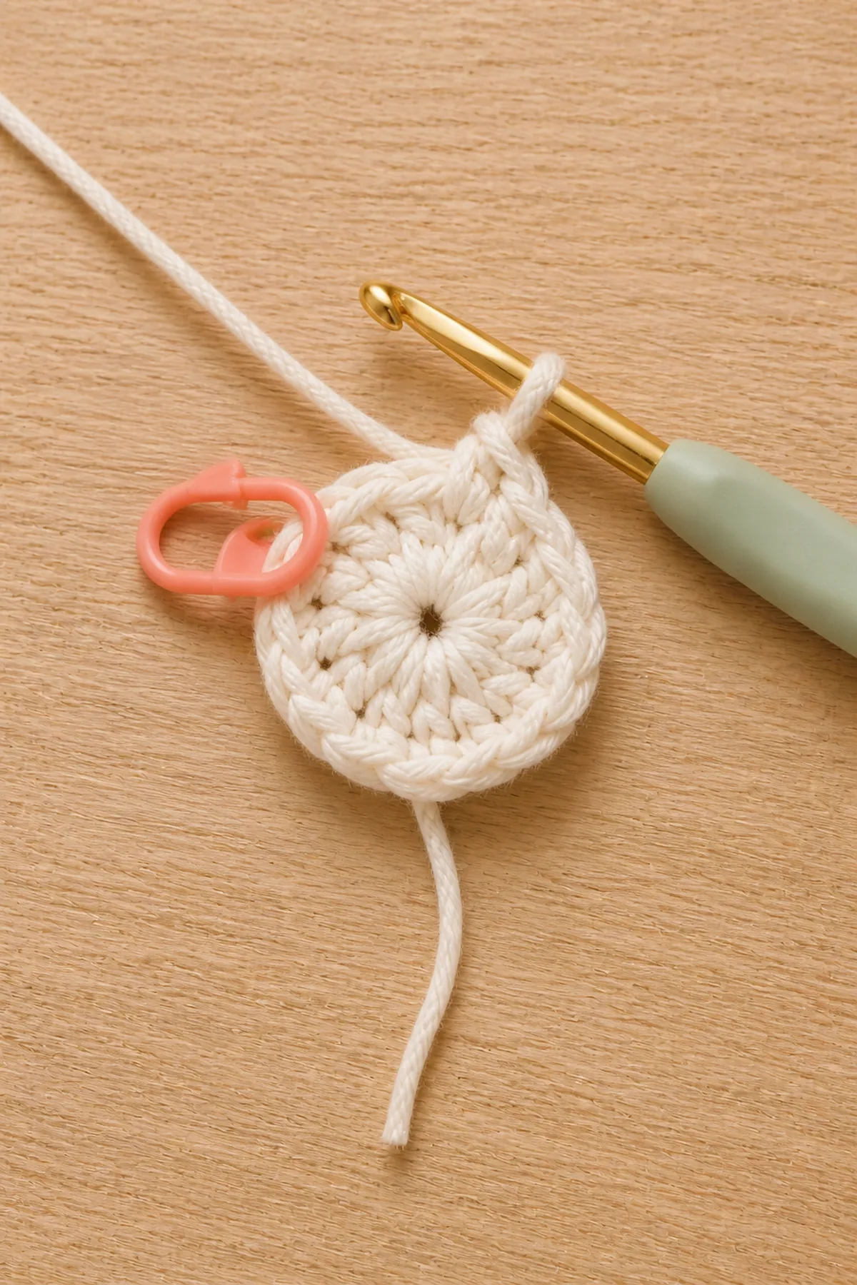 First round of ten single crochet stitches worked into a magic ring