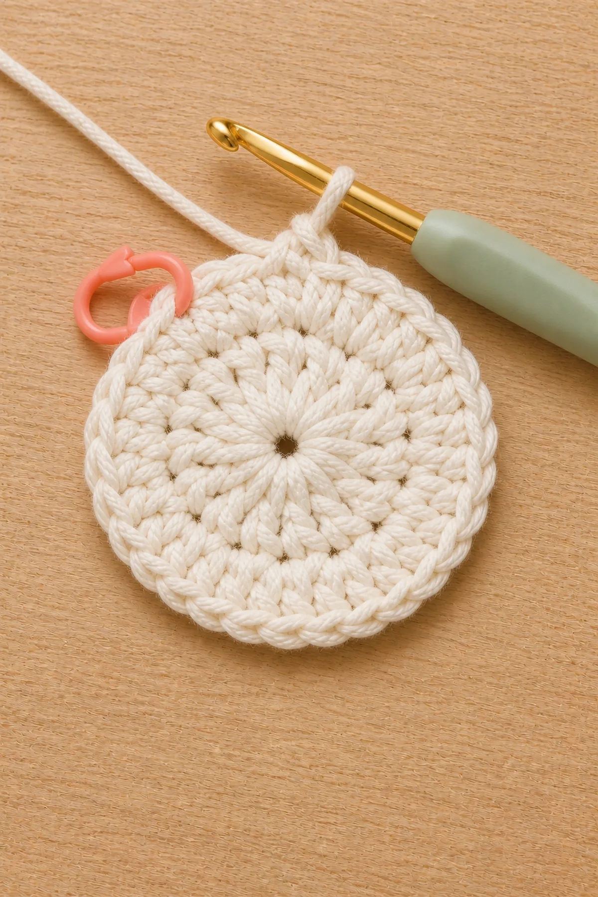 Flat second round with twenty single crochet stitches before adding petals
