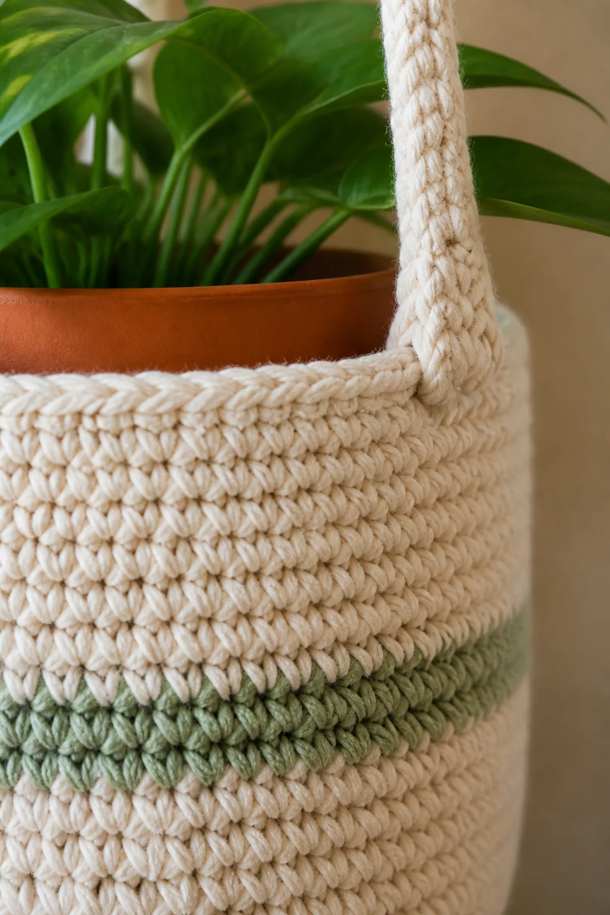 Close-up of the stitch texture and finishing details on easy crochet hanging plant basket