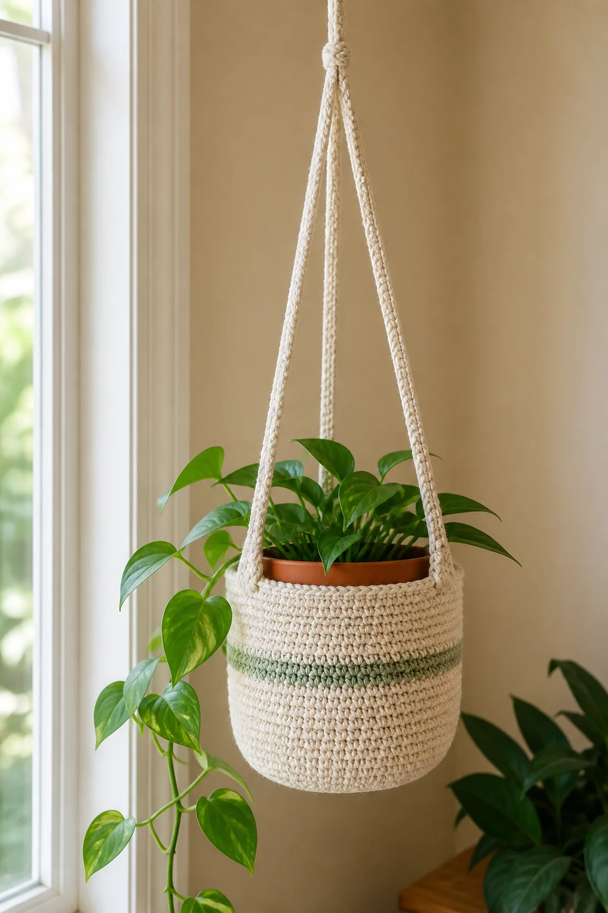 Finished easy crochet hanging plant basket displayed with a clean handmade finish