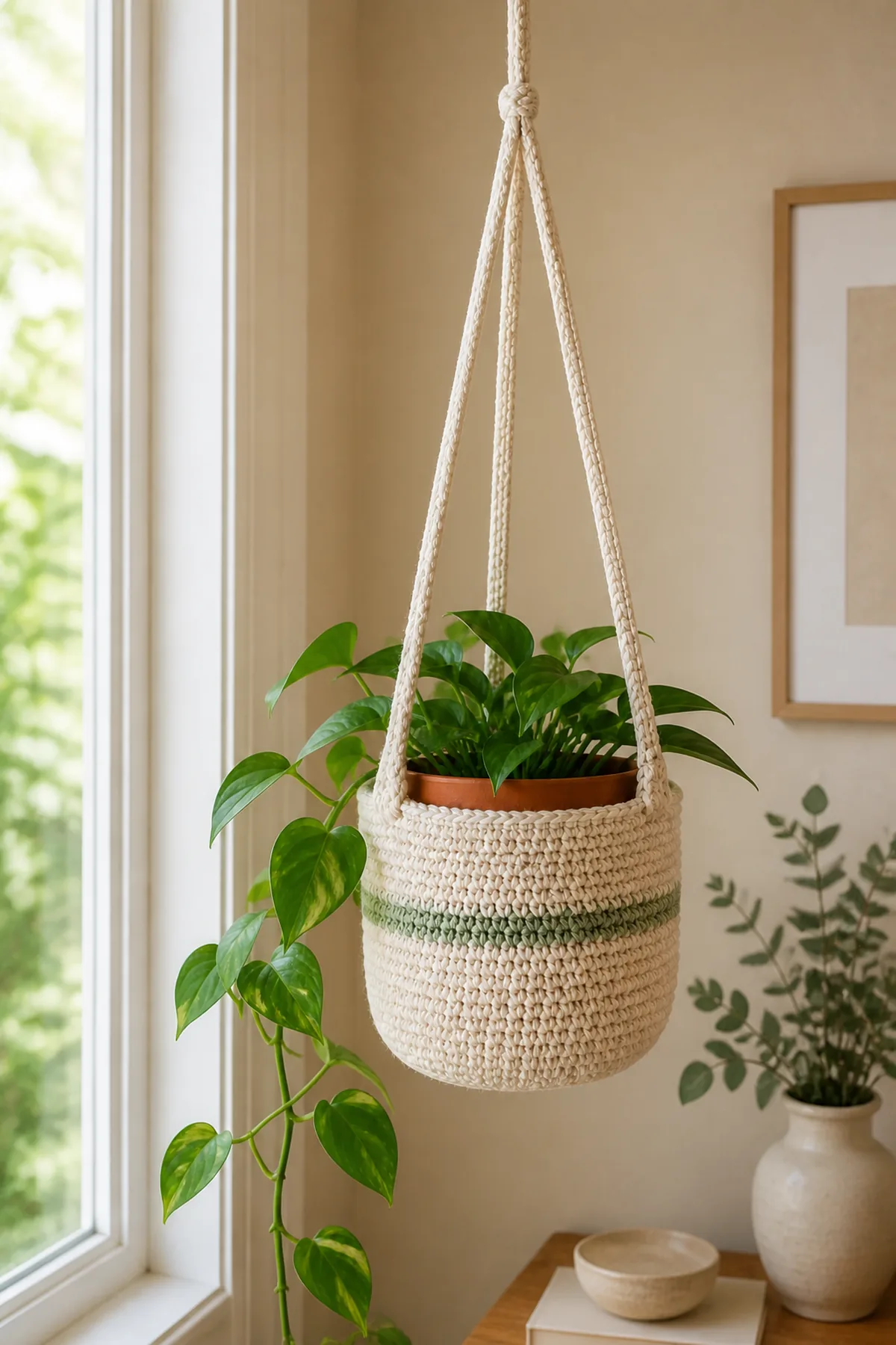 Finished easy crochet hanging plant basket styled in a bright natural setting