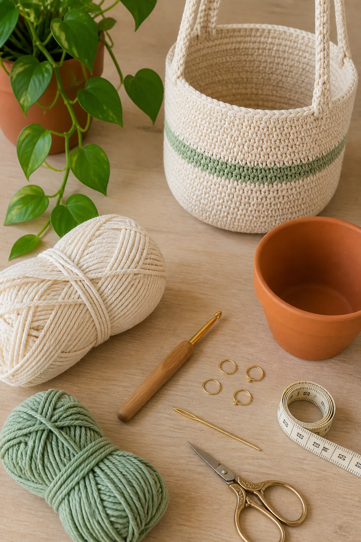 Yarn, crochet hook, stitch markers, yarn needle, tape measure, and scissors for easy crochet hanging plant basket