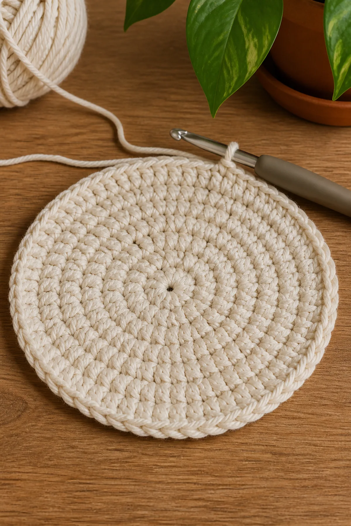 Early crochet construction stage for easy crochet hanging plant basket with working yarn and hook