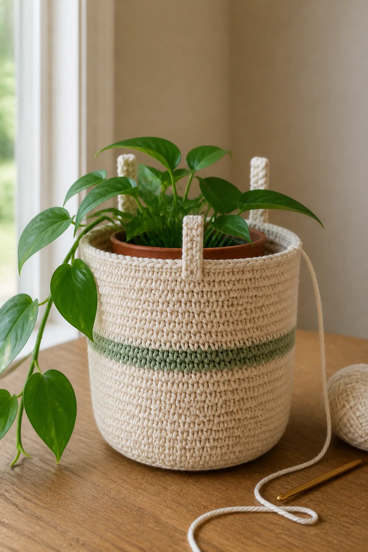 Mid-process crochet construction and shaping for easy crochet hanging plant basket