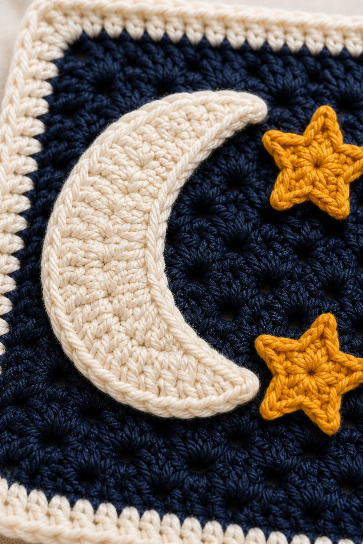 Close-up of the stitch texture and finishing details on easy crochet moon and stars granny square