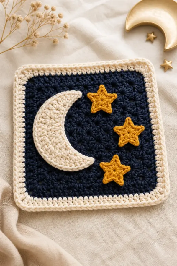 Finished easy crochet moon and stars granny square displayed with a clean handmade finish