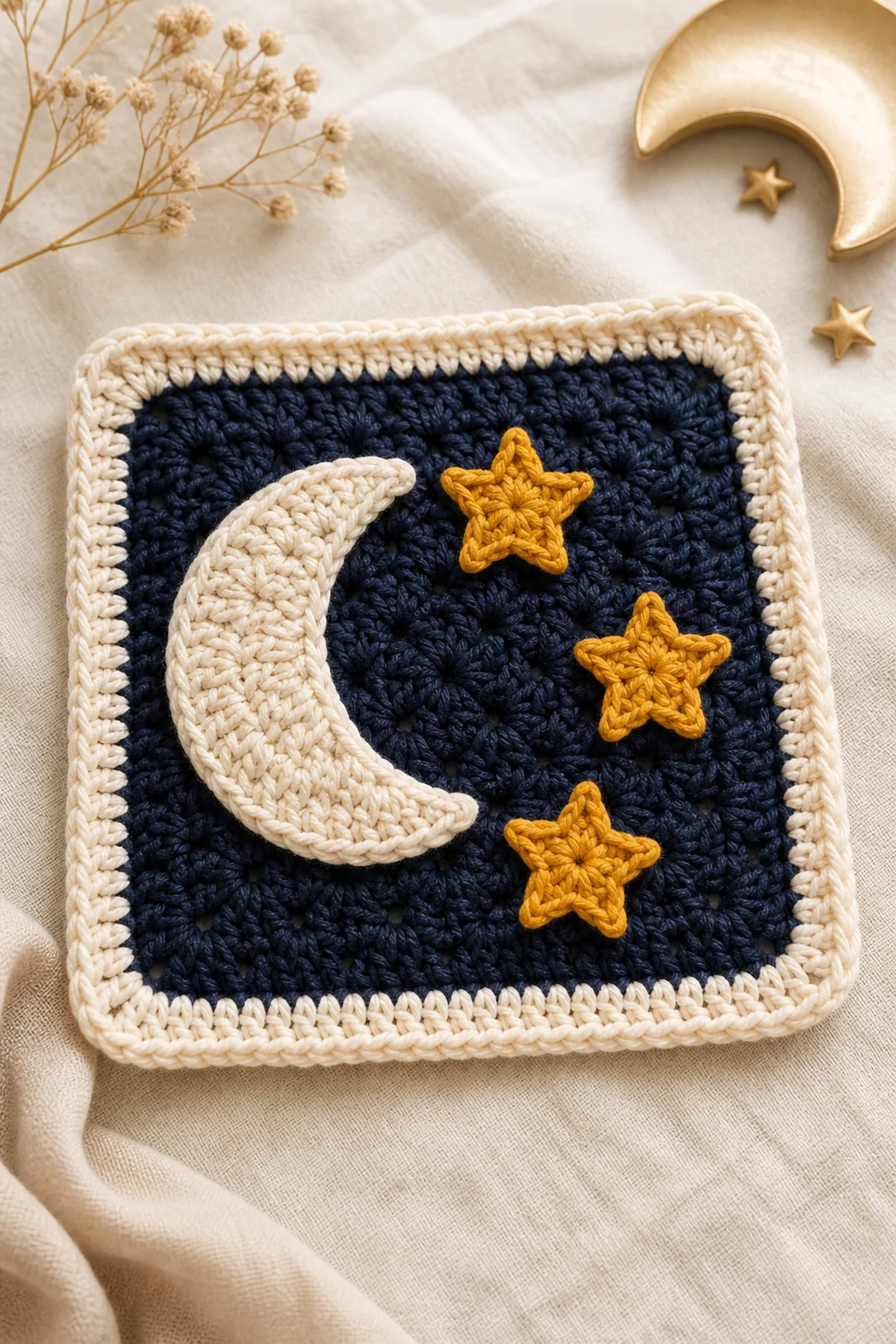 Finished easy crochet moon and stars granny square displayed with a clean handmade finish