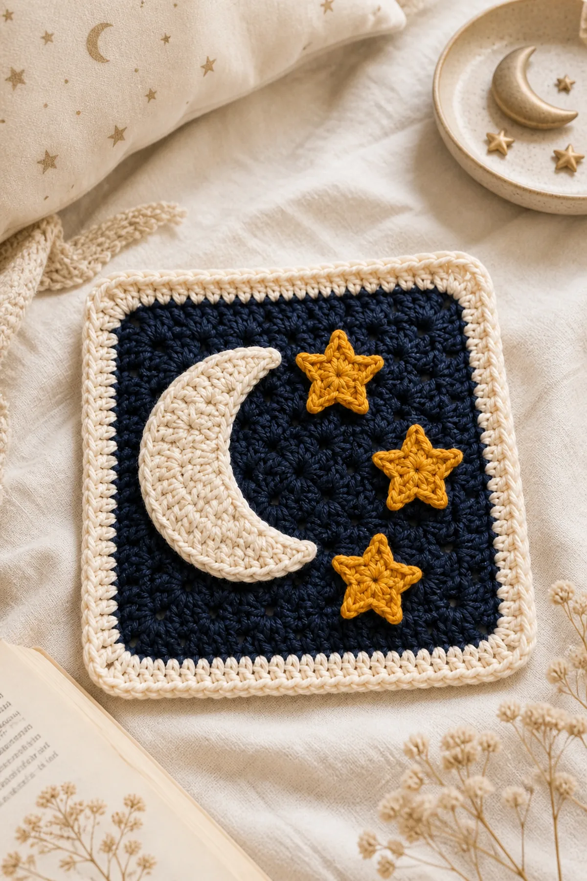 Finished easy crochet moon and stars granny square styled in a bright natural setting