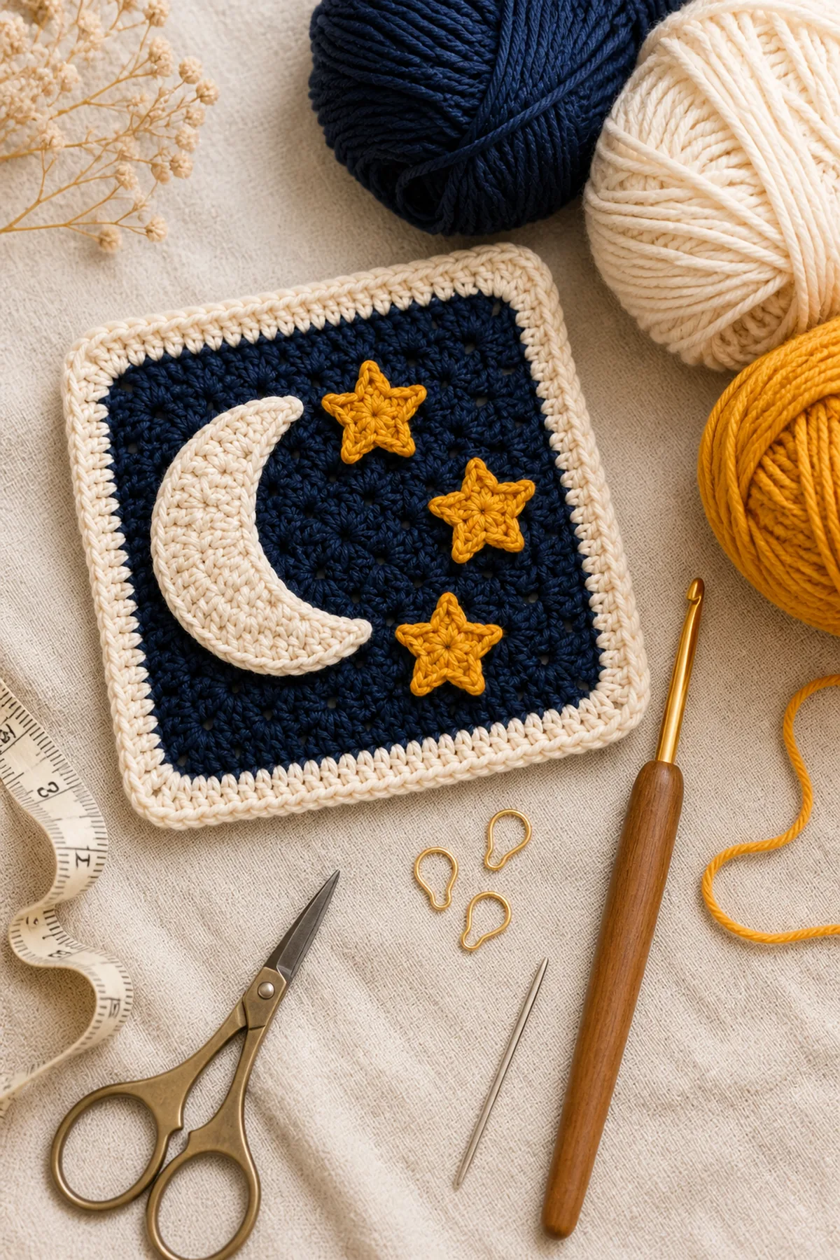 Yarn, crochet hook, stitch markers, yarn needle, tape measure, and scissors for easy crochet moon and stars granny square