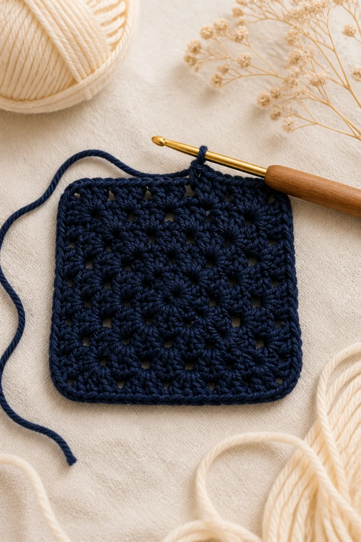 Early crochet construction stage for easy crochet moon and stars granny square with working yarn and hook