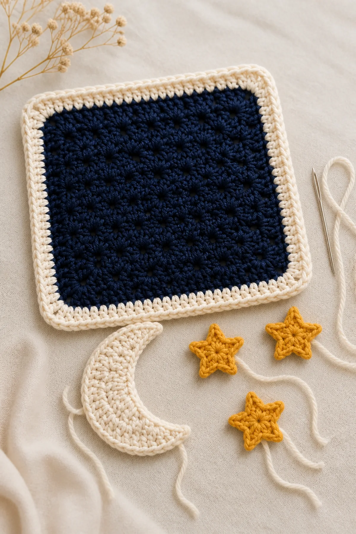 Mid-process crochet construction and shaping for easy crochet moon and stars granny square