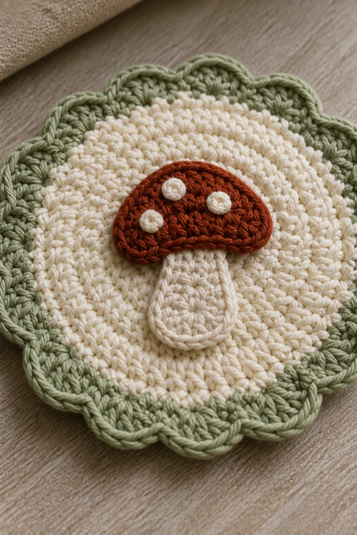 Close-up of the stitch texture and finishing details on easy crochet mushroom coaster set