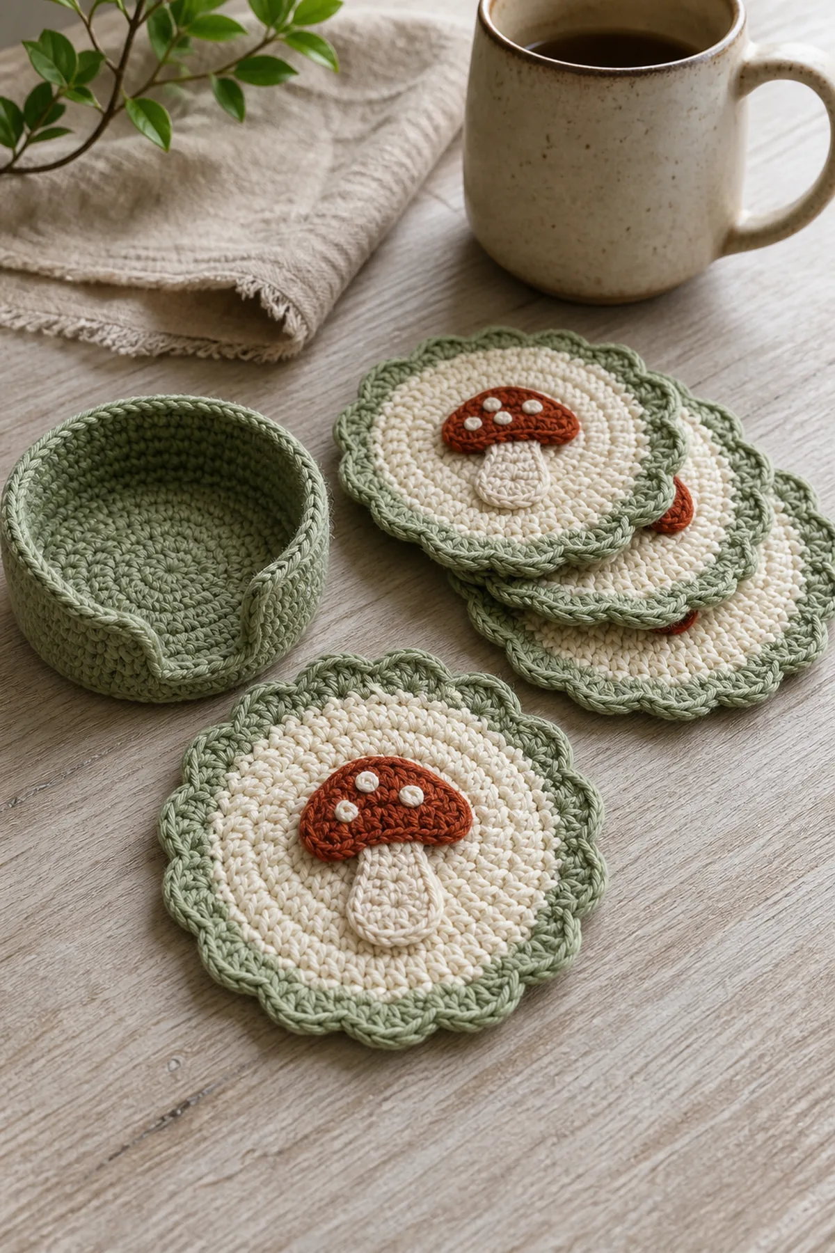 Finished easy crochet mushroom coaster set displayed with a clean handmade finish