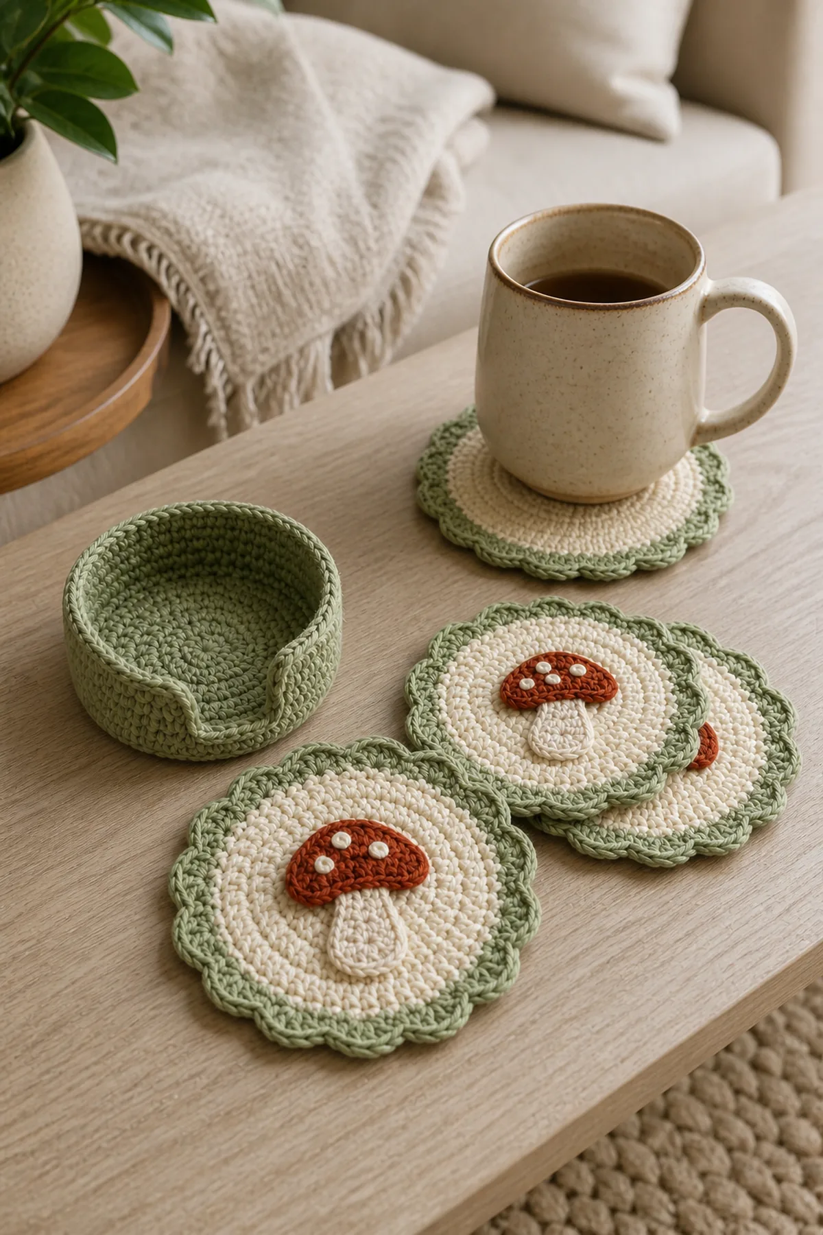 Finished easy crochet mushroom coaster set styled in a bright natural setting