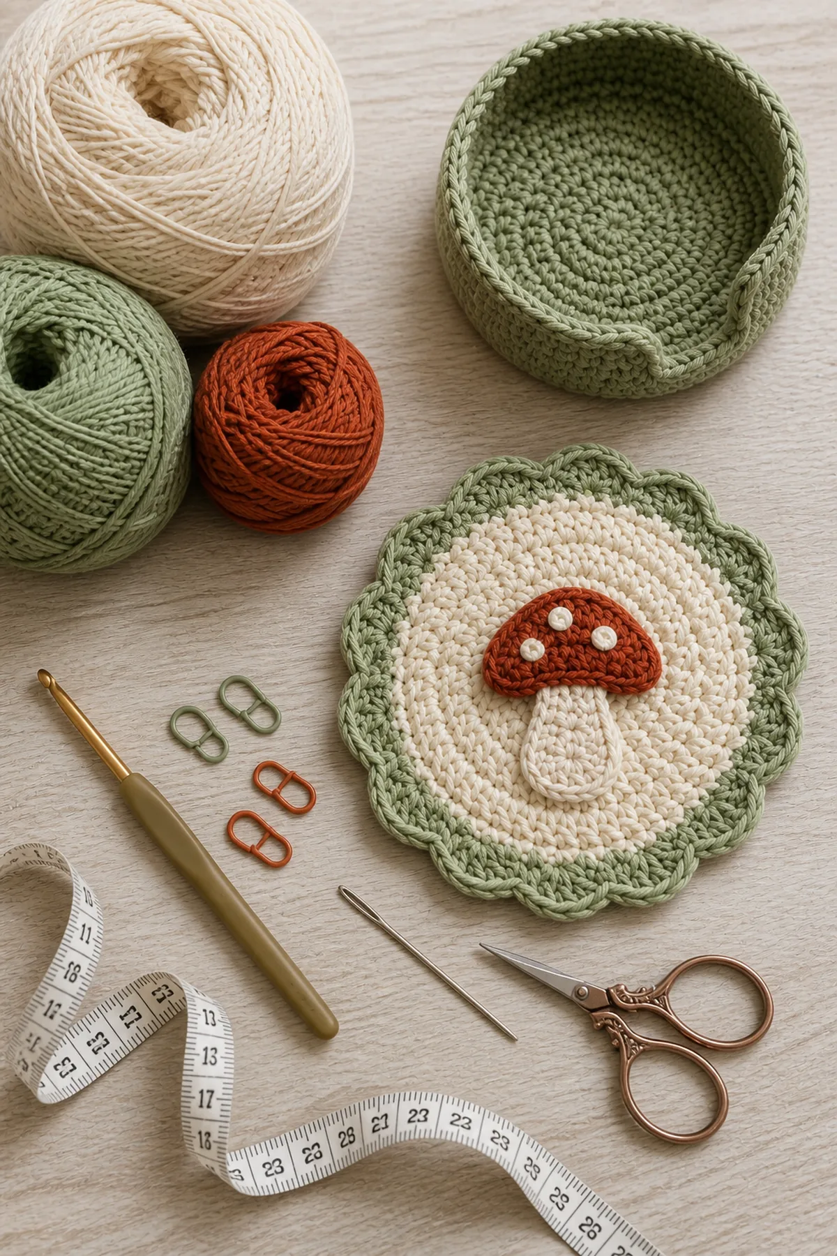 Yarn, crochet hook, stitch markers, yarn needle, tape measure, and scissors for easy crochet mushroom coaster set