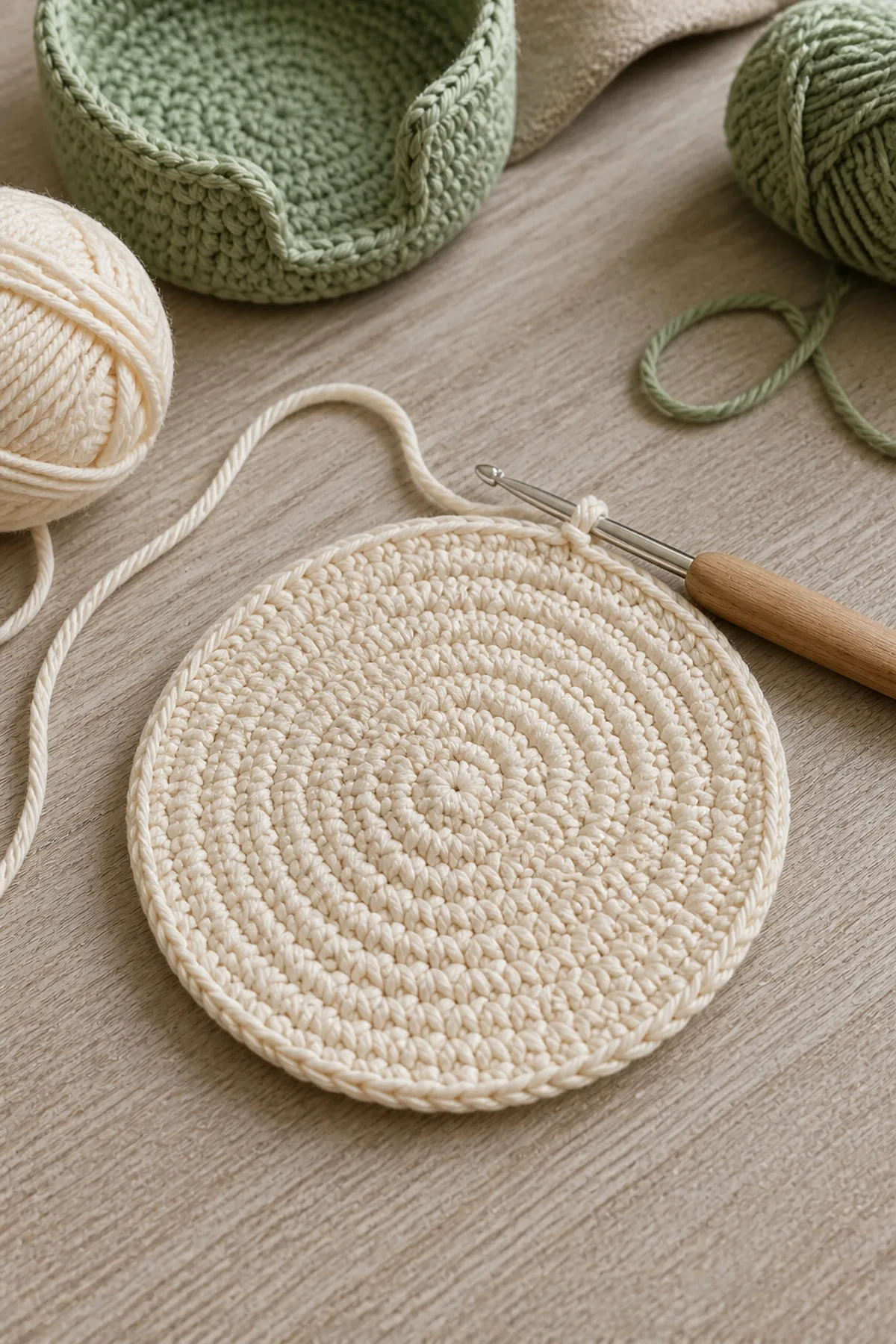 Early crochet construction stage for easy crochet mushroom coaster set with working yarn and hook