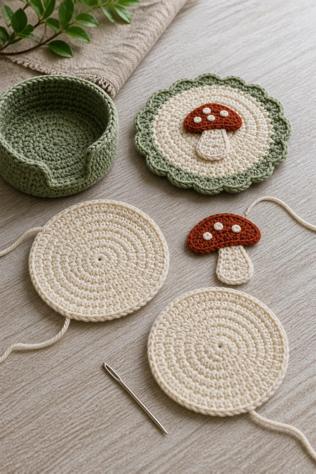 Mid-process crochet construction and shaping for easy crochet mushroom coaster set