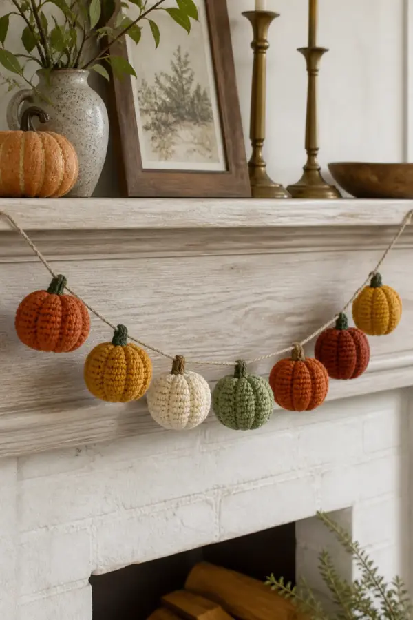 Finished easy crochet pumpkin garland displayed with a clean handmade finish