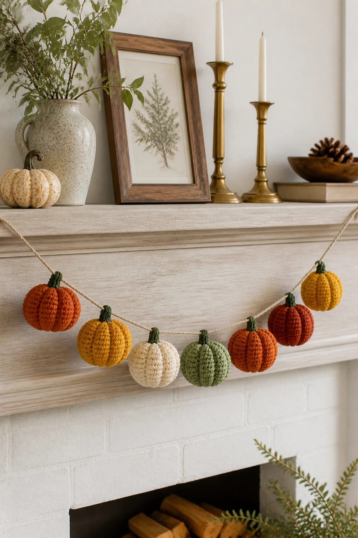Finished easy crochet pumpkin garland styled in a bright natural setting