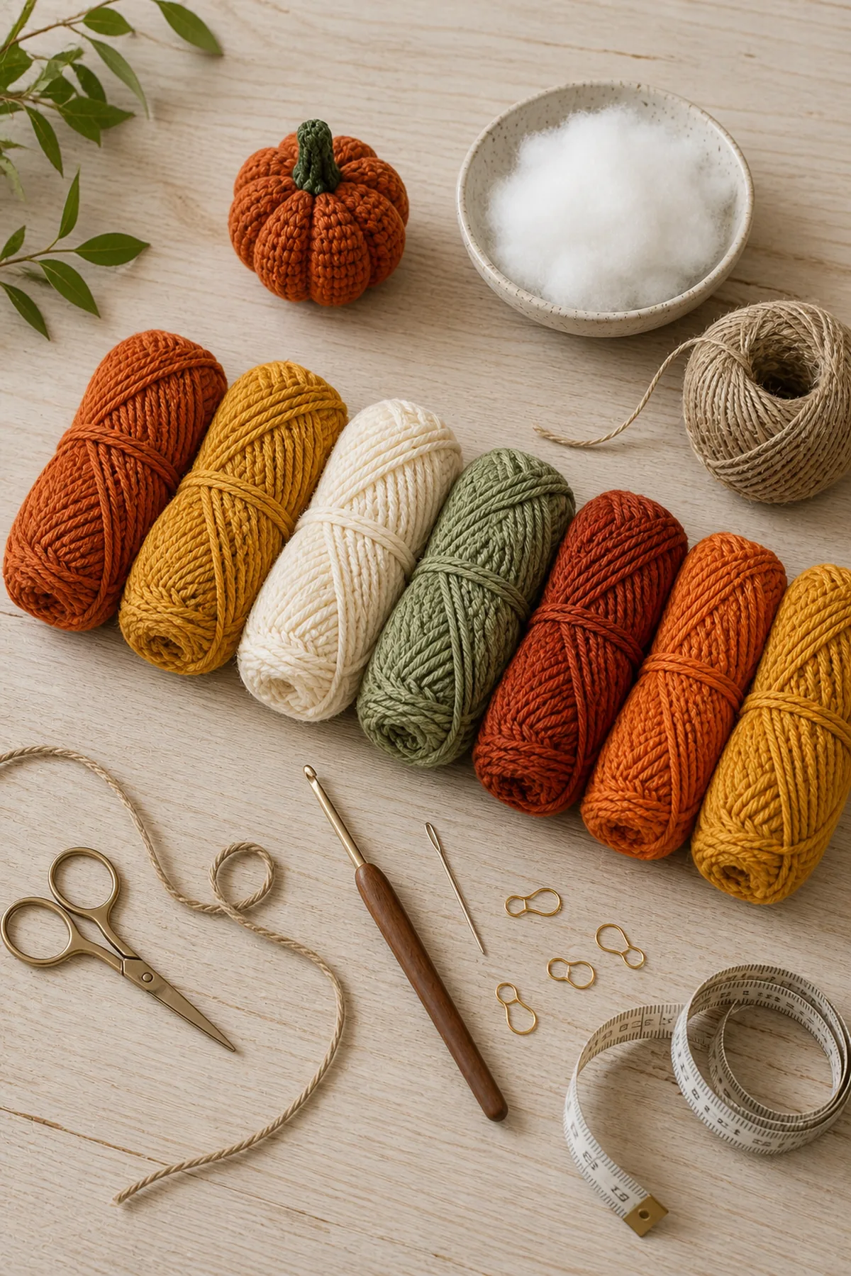 Yarn, crochet hook, stitch markers, yarn needle, tape measure, and scissors for easy crochet pumpkin garland
