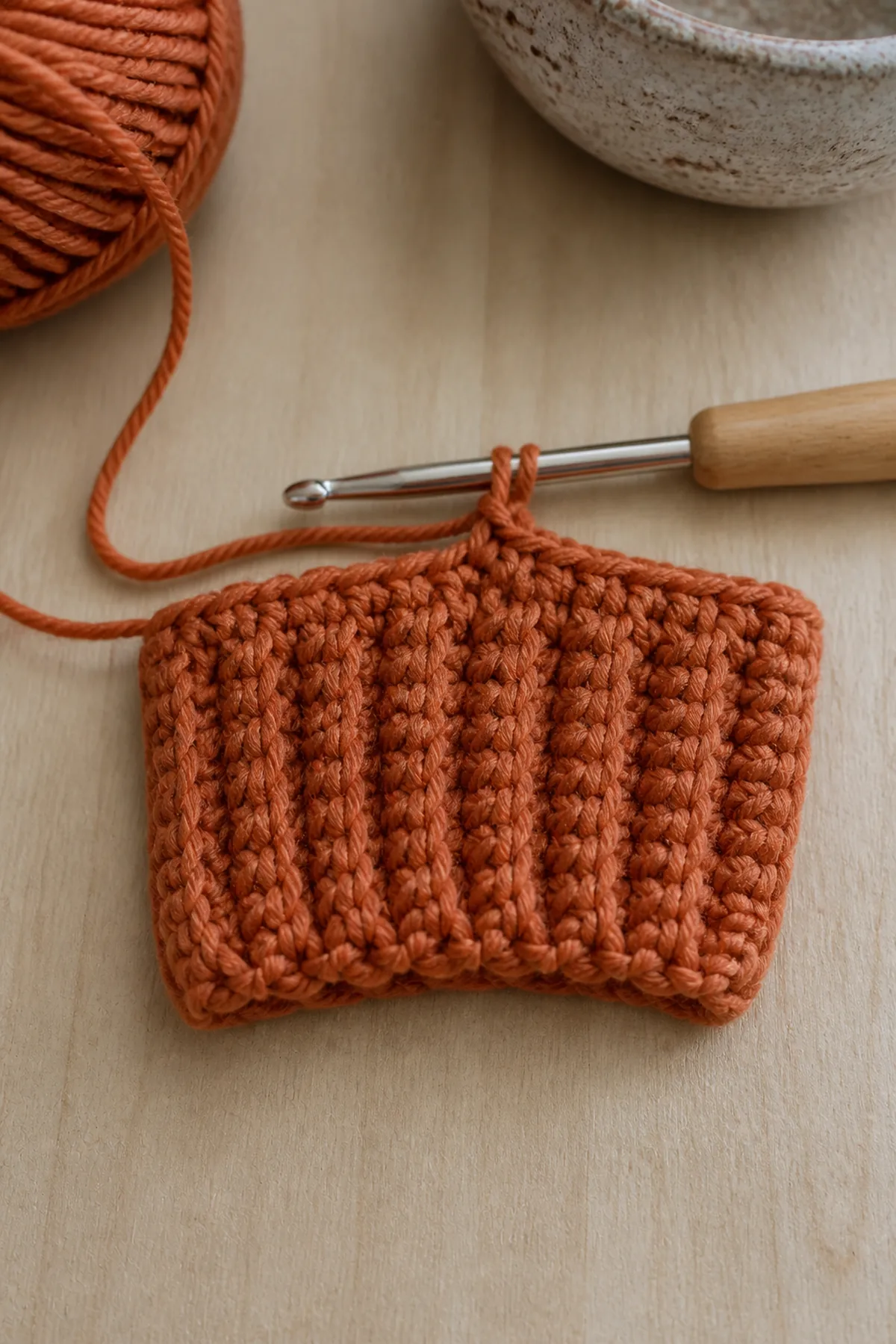 Early crochet construction stage for easy crochet pumpkin garland with working yarn and hook