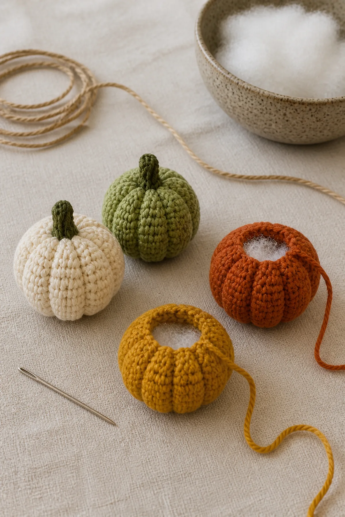 Mid-process crochet construction and shaping for easy crochet pumpkin garland