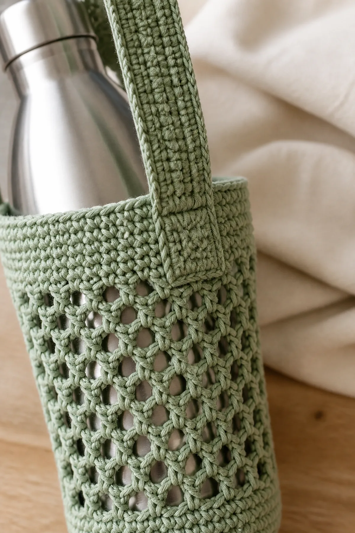 Close-up of reinforced strap attachment at the crochet bottle holder rim