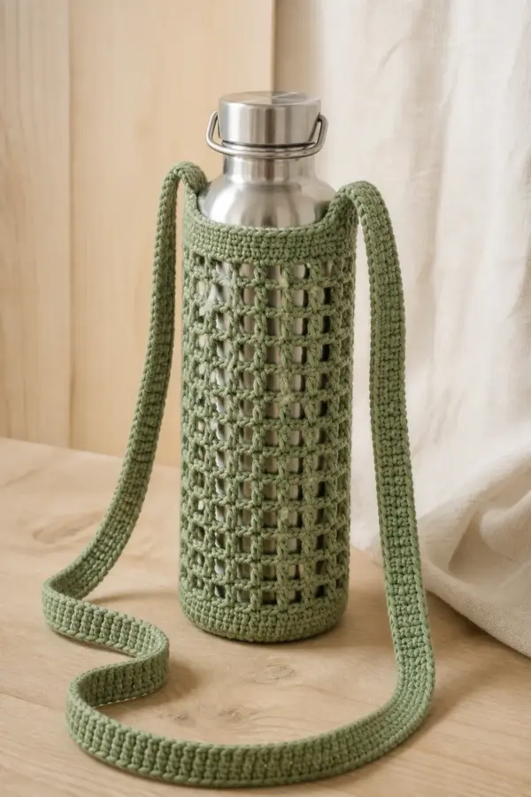 Finished sage cotton crochet water bottle holder with ribbed crossbody strap