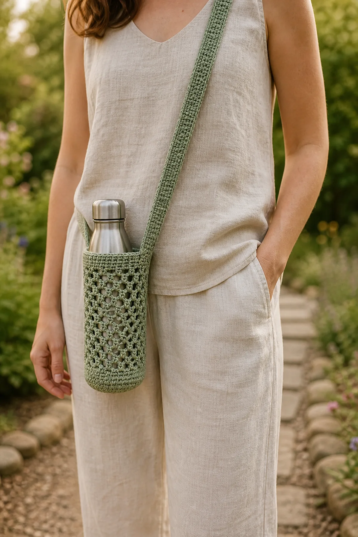 Crochet water bottle holder worn crossbody during a relaxed outdoor walk