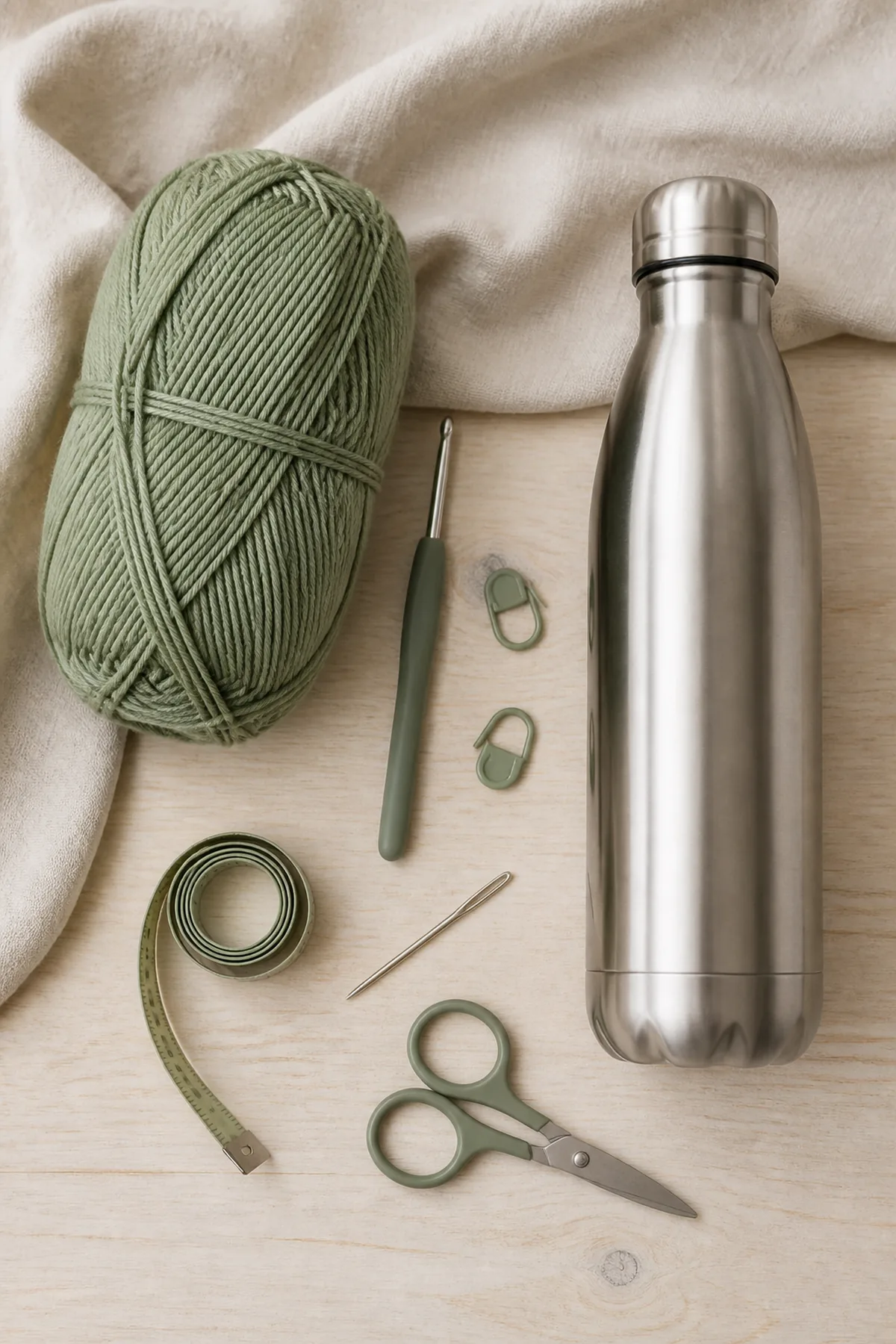 Sage cotton yarn, crochet hook, markers, tape measure, needle, scissors, and reusable bottle