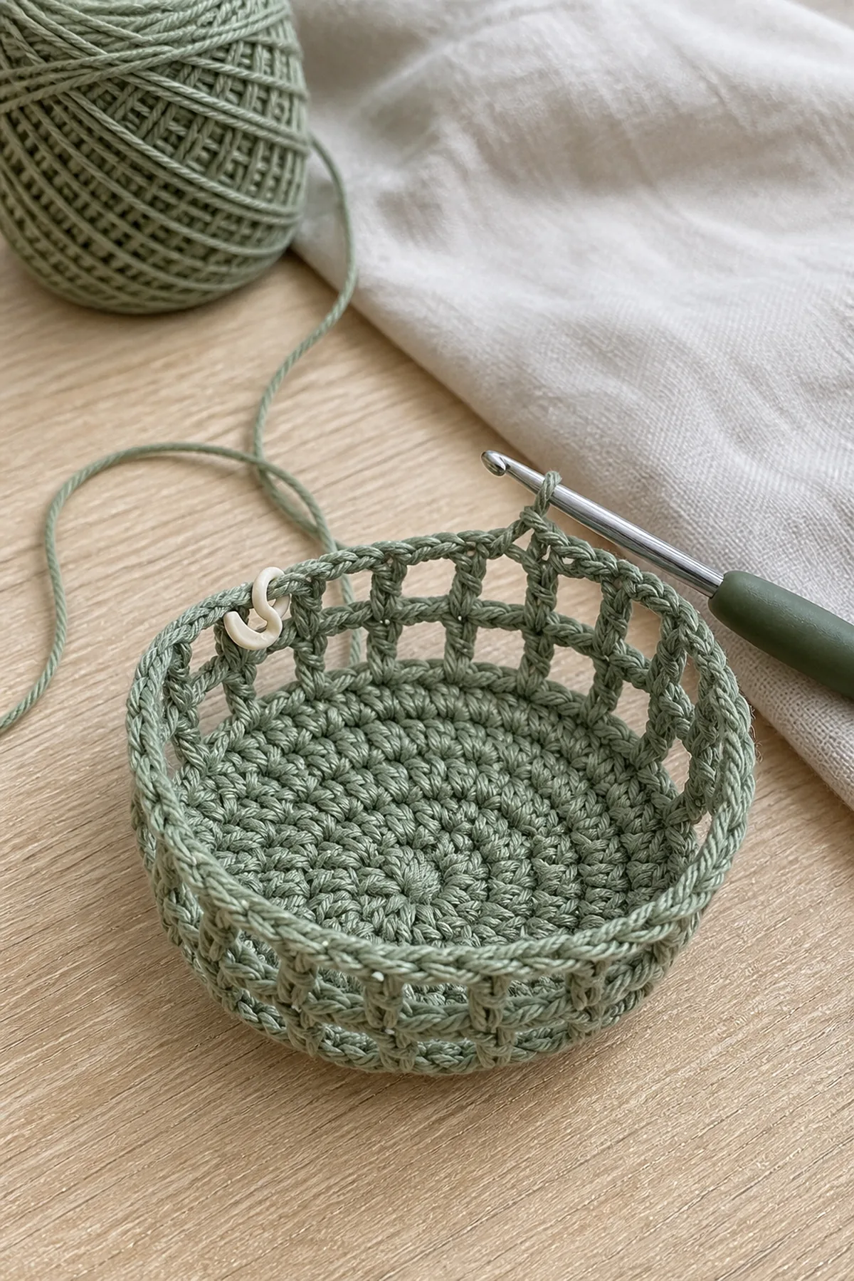 Crochet water bottle sleeve with circular base and early mesh rounds