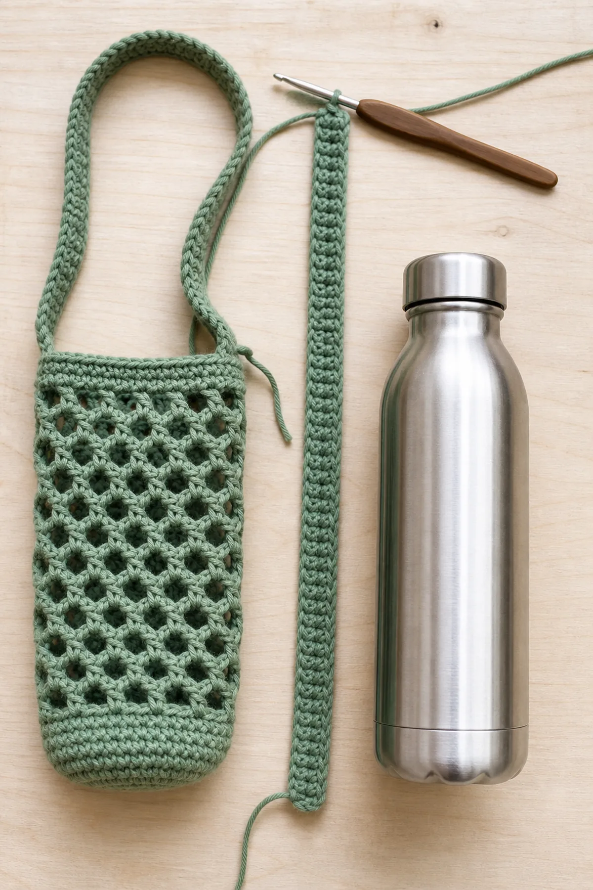 Long ribbed crochet strap beside the completed mesh bottle sleeve