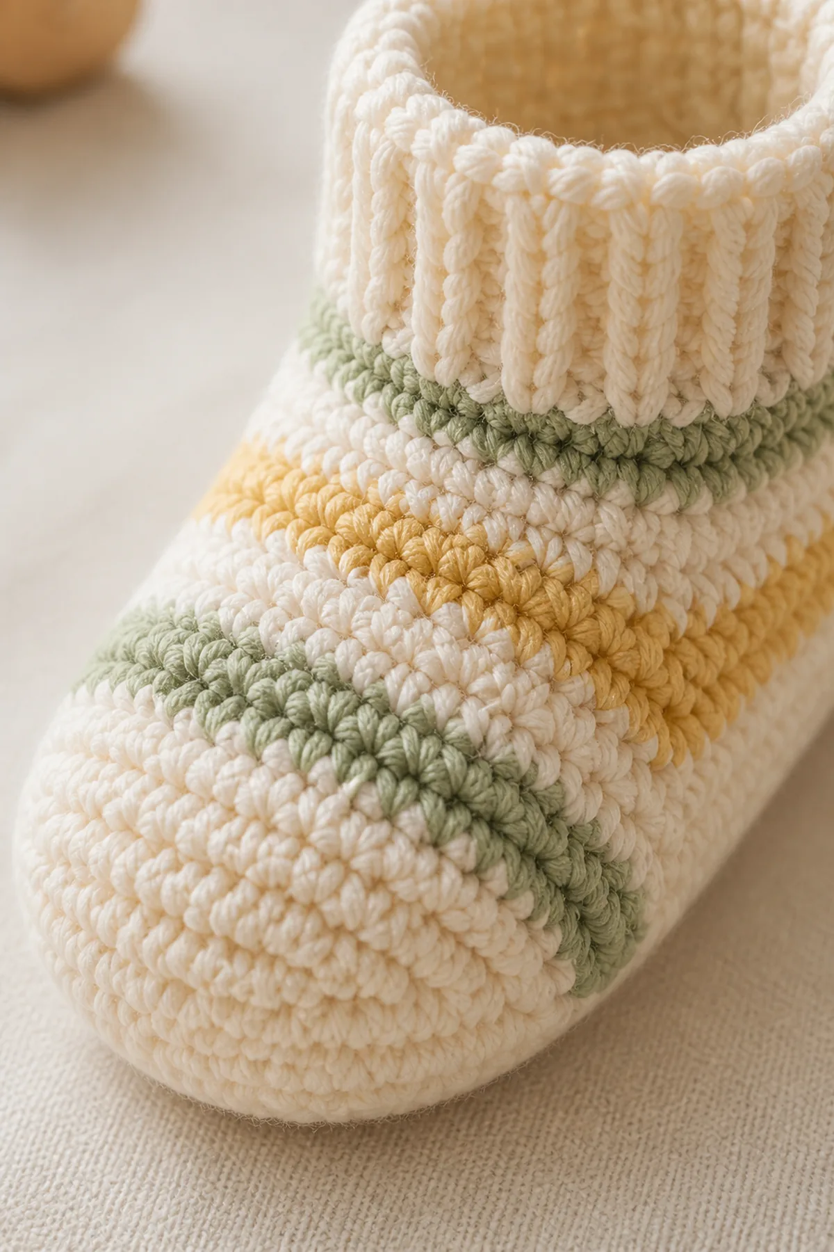 Close-up of the stitch texture and finishing details on easy crochet striped baby booties