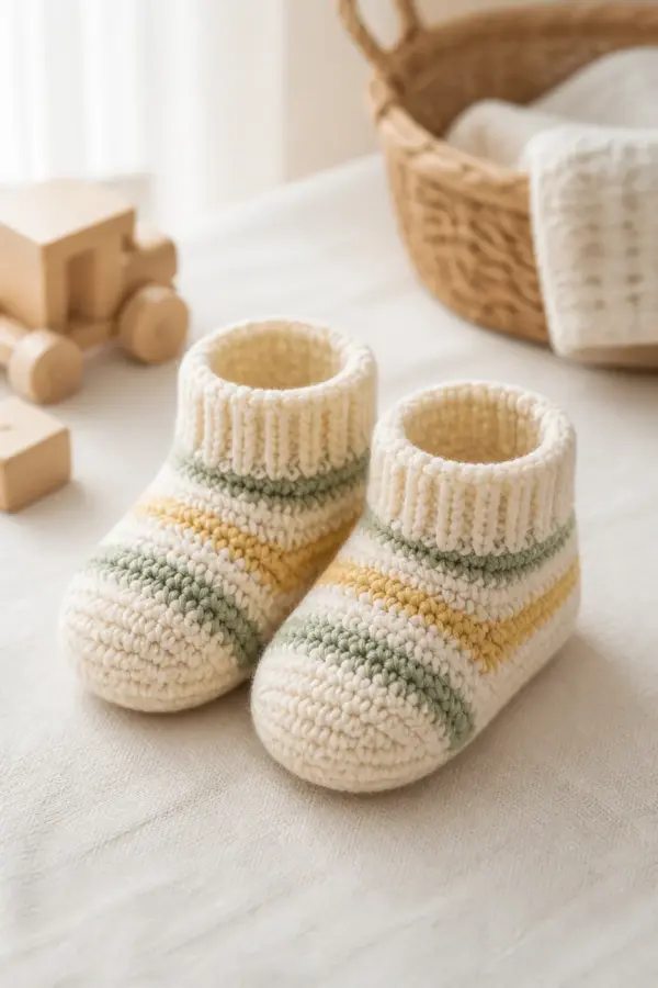 Finished easy crochet striped baby booties displayed with a clean handmade finish